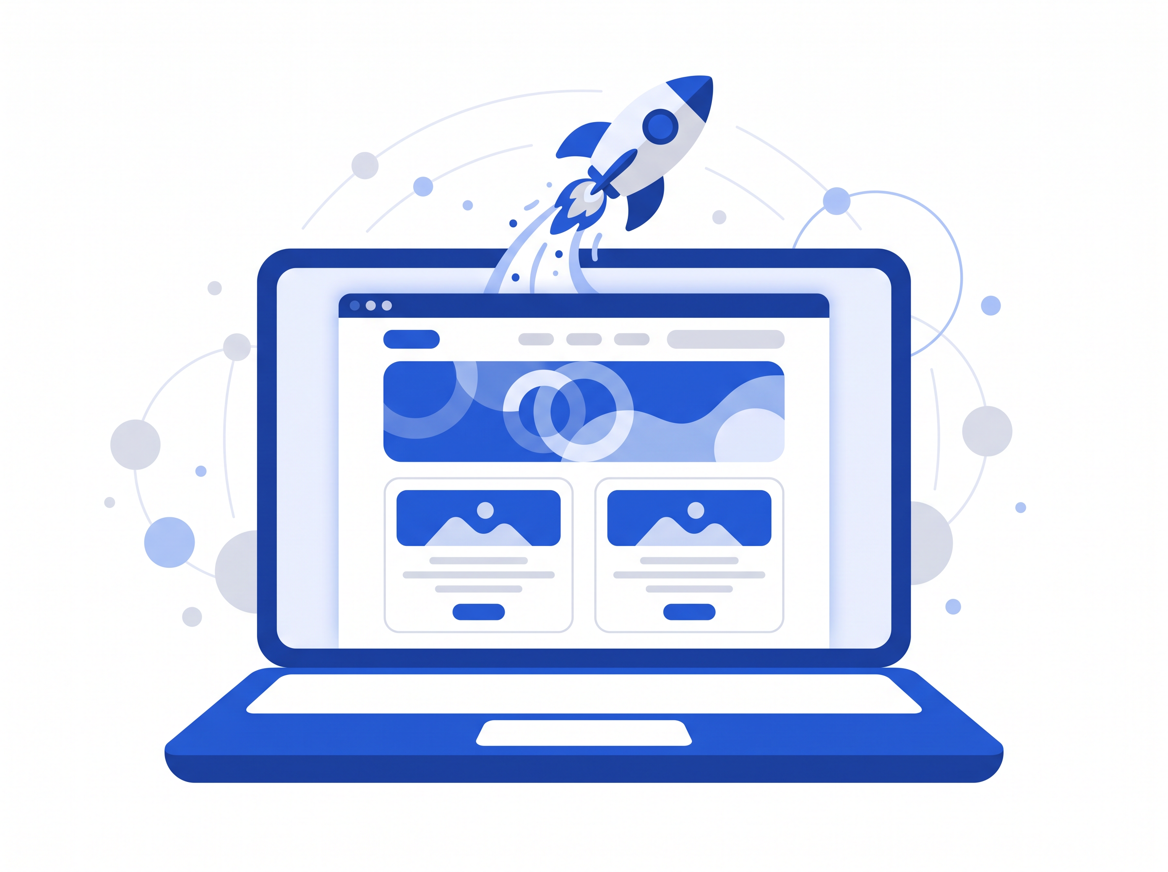 Illustration of a laptop displaying a website with a rocket launching, symbolizing a fast website launch