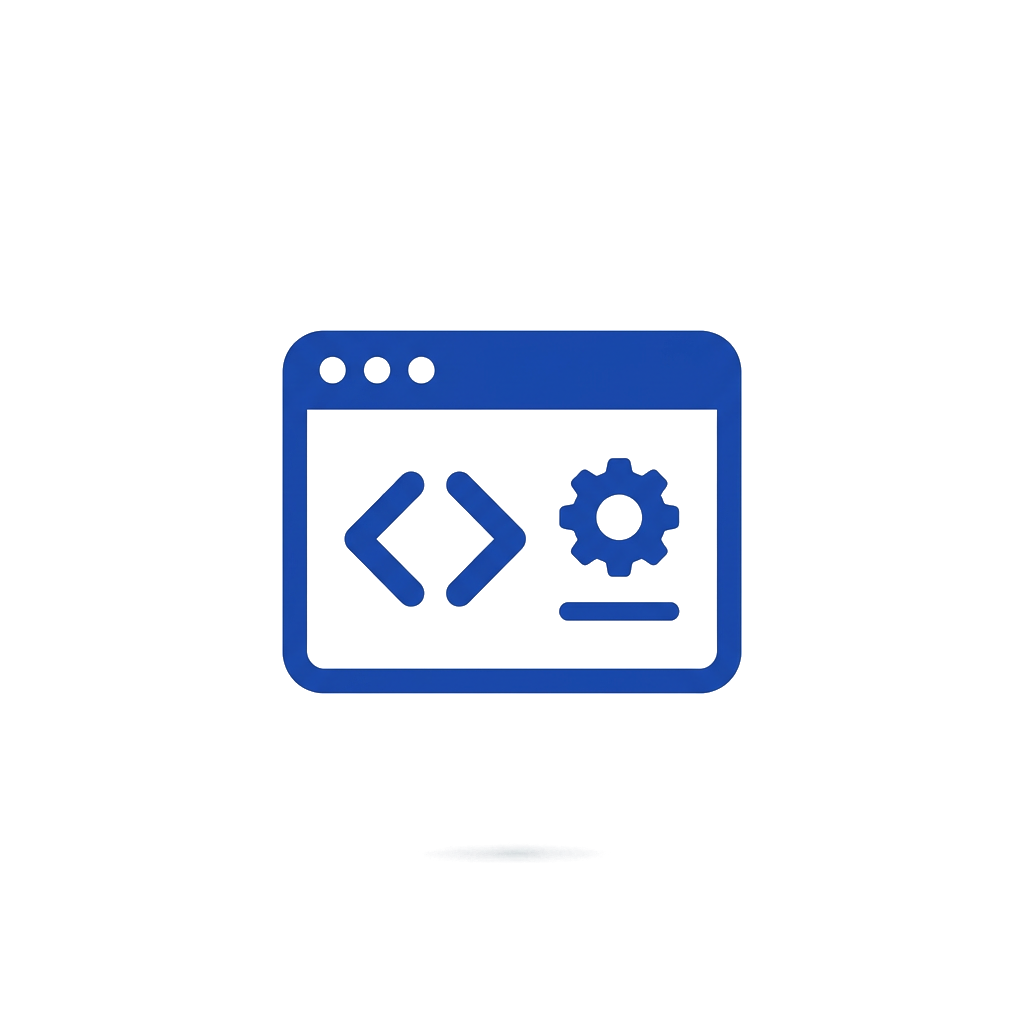 Browser window with code and a gear, representing building a website